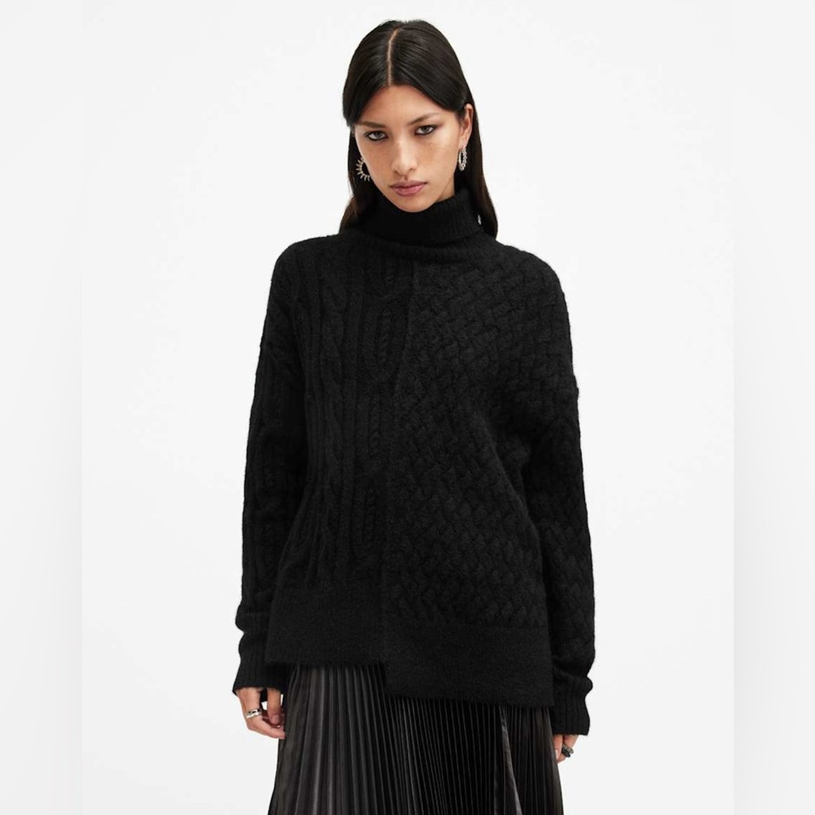All Saints Varla Cable Stitch Roll Neck Alpaca Blend Sweater In Black S